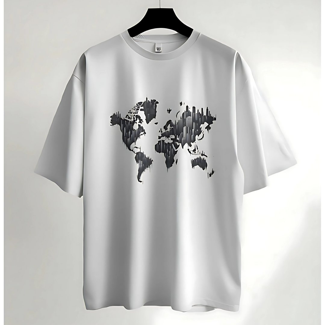 White t-shirt featuring a creative world map design integrated with a city skyline in a minimalist black graphic style.