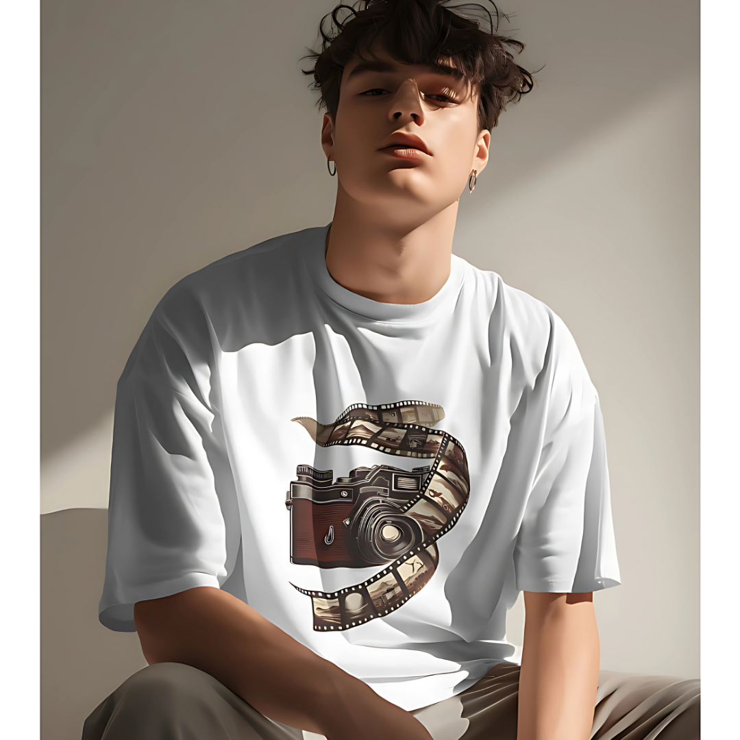 A vintage oversized T-shirt featuring a retro graphic of a classic camera, perfect for fans of photo-themed tees and vintage fashion.