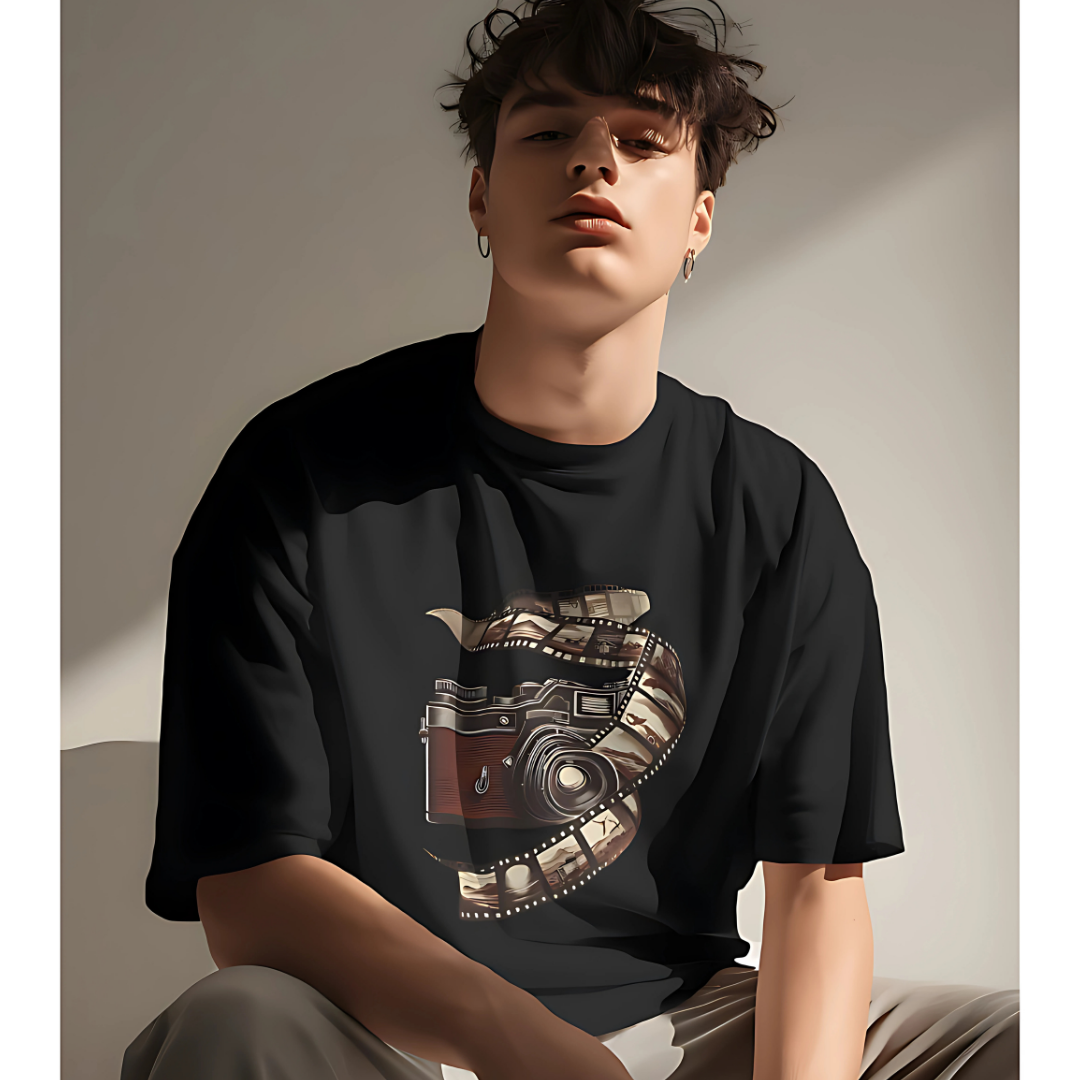 A vintage oversized T-shirt featuring a retro graphic of a classic camera, perfect for fans of photo-themed tees and vintage fashion.