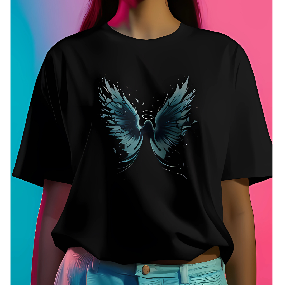 Trendy oversized graphic tee featuring an elegant angel silhouette vector design, perfect for a loose T-shirt style.