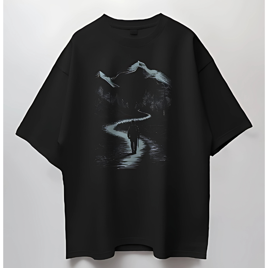 Oversized mountain-themed T-shirt design for hiking and adventure enthusiasts, showcasing trekking-inspired art.