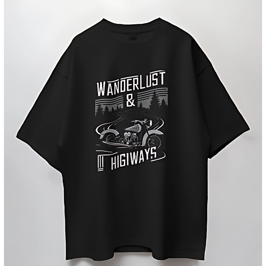 An oversized unisex T-shirt featuring a bold wanderlust graphic, capturing the spirit of adventure and exploration with vibrant wanderlust vibes.