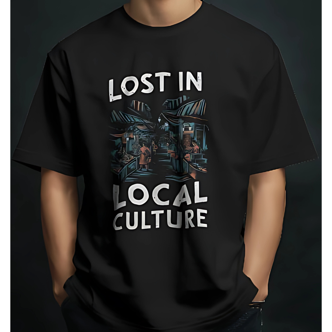A cozy oversized T-shirt featuring a bold design that celebrates local vibes, travel, and cultural diversity, perfect for adventurous travelers.