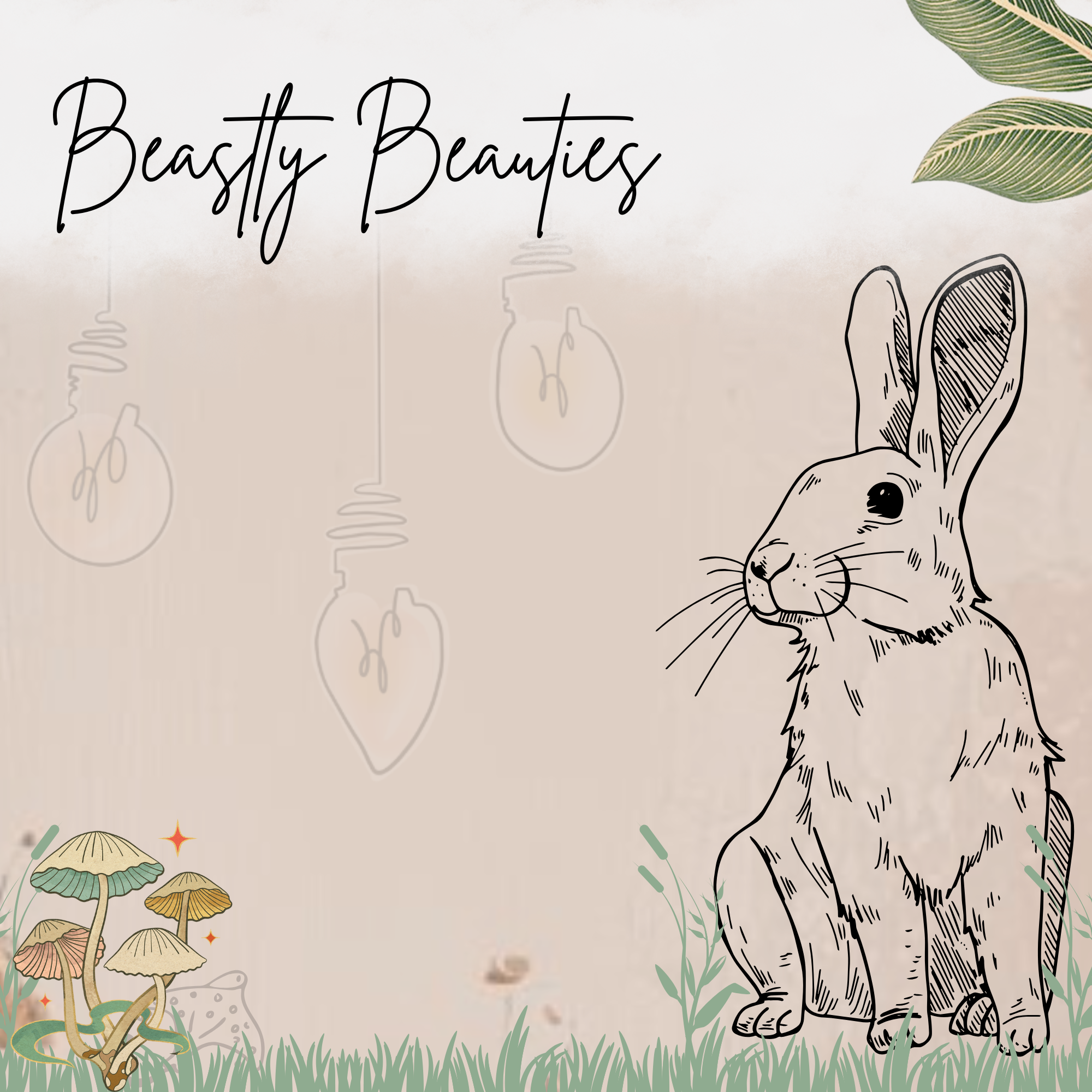 Hand-drawn rabbit with intricate detailing alongside a dolphin silhouette, surrounded by whimsical plant and aquatic designs on a soft pastel background with elegant text that reads "Beastly Beauties.