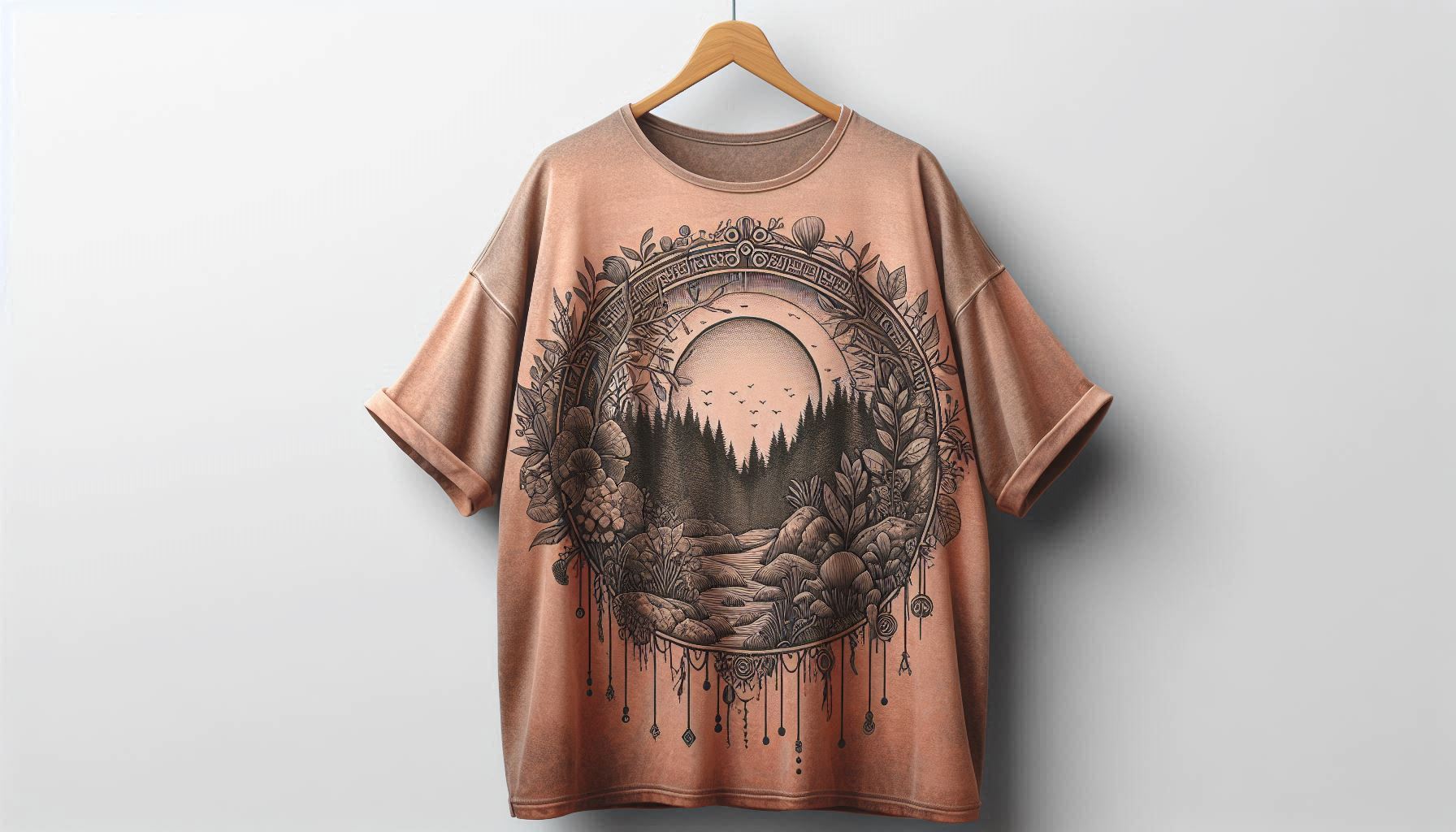 A trendy hanging unique graphic t-shirt with bold patterns and custom artwork, standing out in a stylish urban setting.
