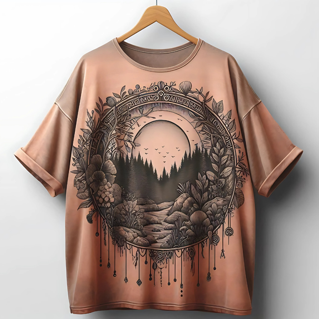 A trendy hanging unique graphic t-shirt with bold patterns and custom artwork, standing out in a stylish urban setting.