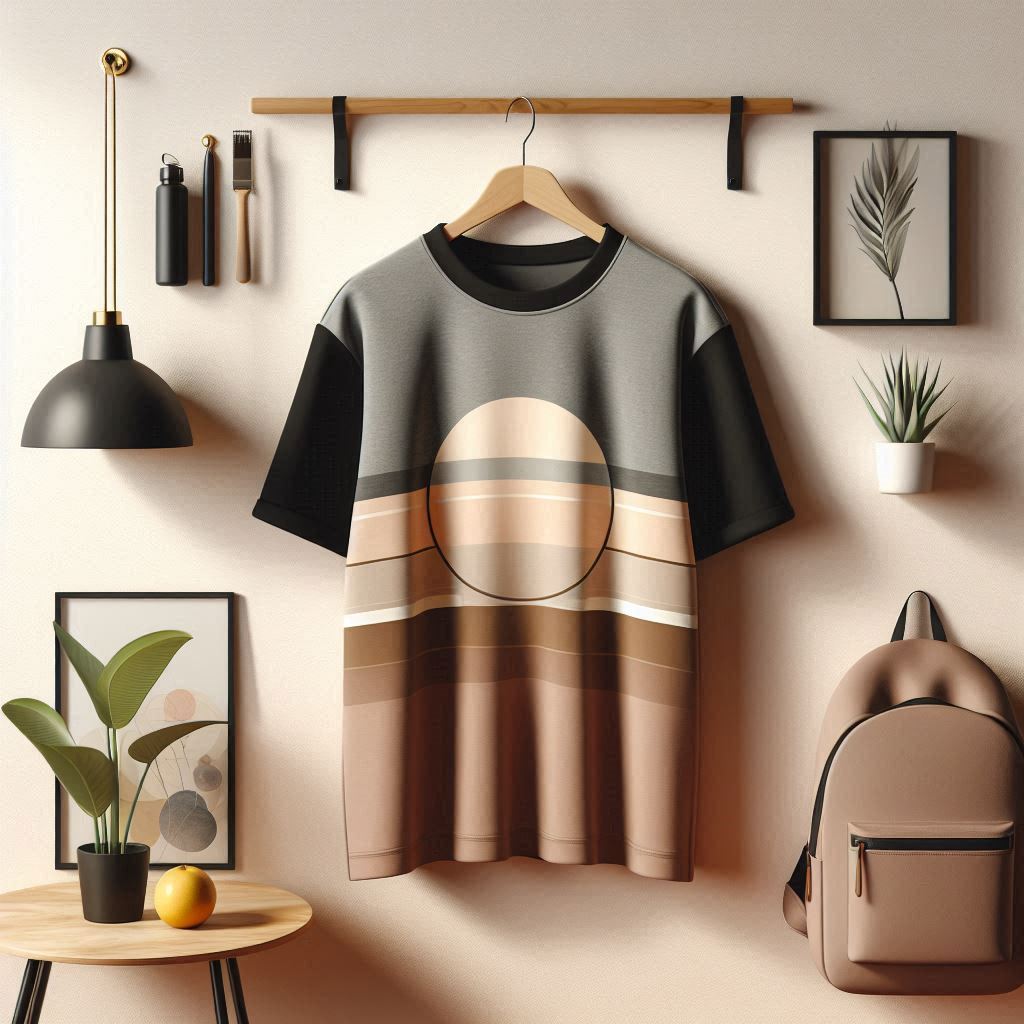A modern streetwear T-shirt with an abstract neutral-toned design, hanging in a stylish aesthetic room with minimalistic decor, including plants, a backpack, and framed artwork.