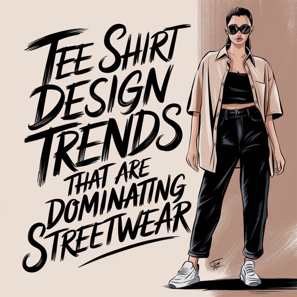 Illustration of a stylish woman wearing a black crop top, oversized beige shirt, and high-waisted black jeans, paired with white sneakers and sunglasses. Bold, artistic typography highlights trending t-shirt design styles in streetwear fashion.