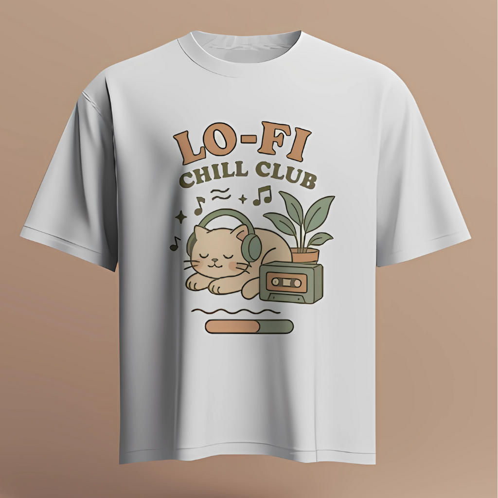 Oversized white t-shirt featuring a cartoon cat wearing headphones next to a cassette and plants with the text “Lo-Fi Chill Club.”