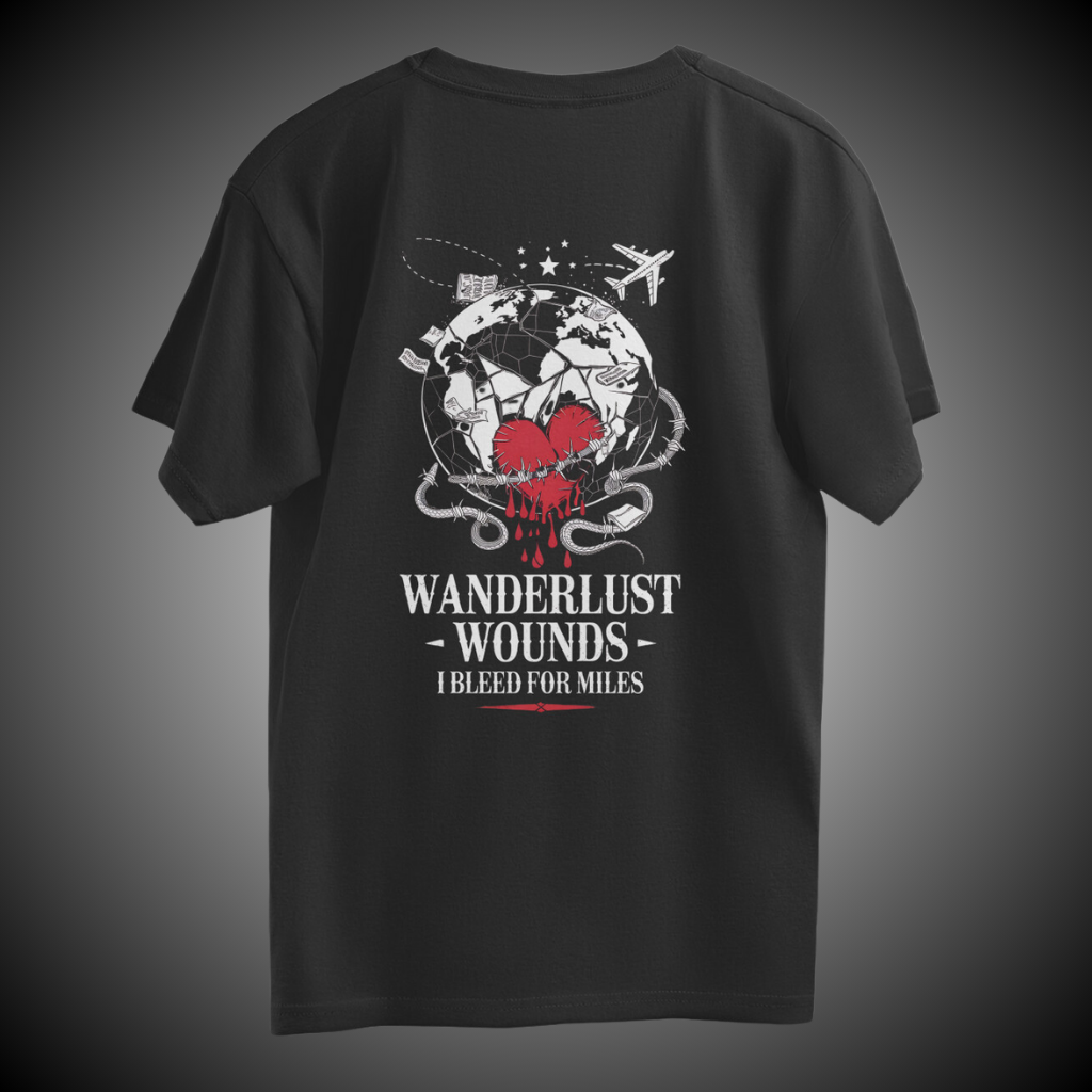 Unisex oversized black graphic t-shirt with bleeding heart and travel-inspired artwork