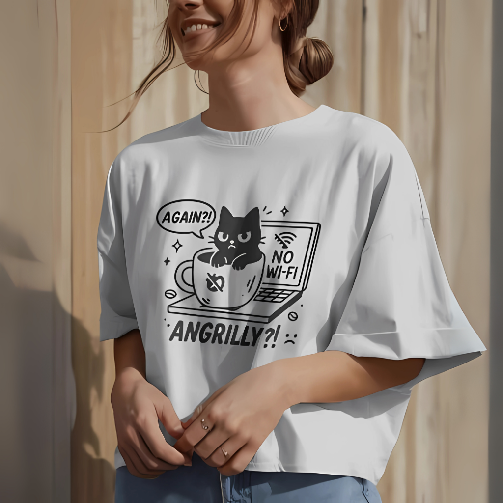 Funny angry cat t-shirt with no Wi-Fi graphic – oversized cartoon meme tee for women and Gen Z