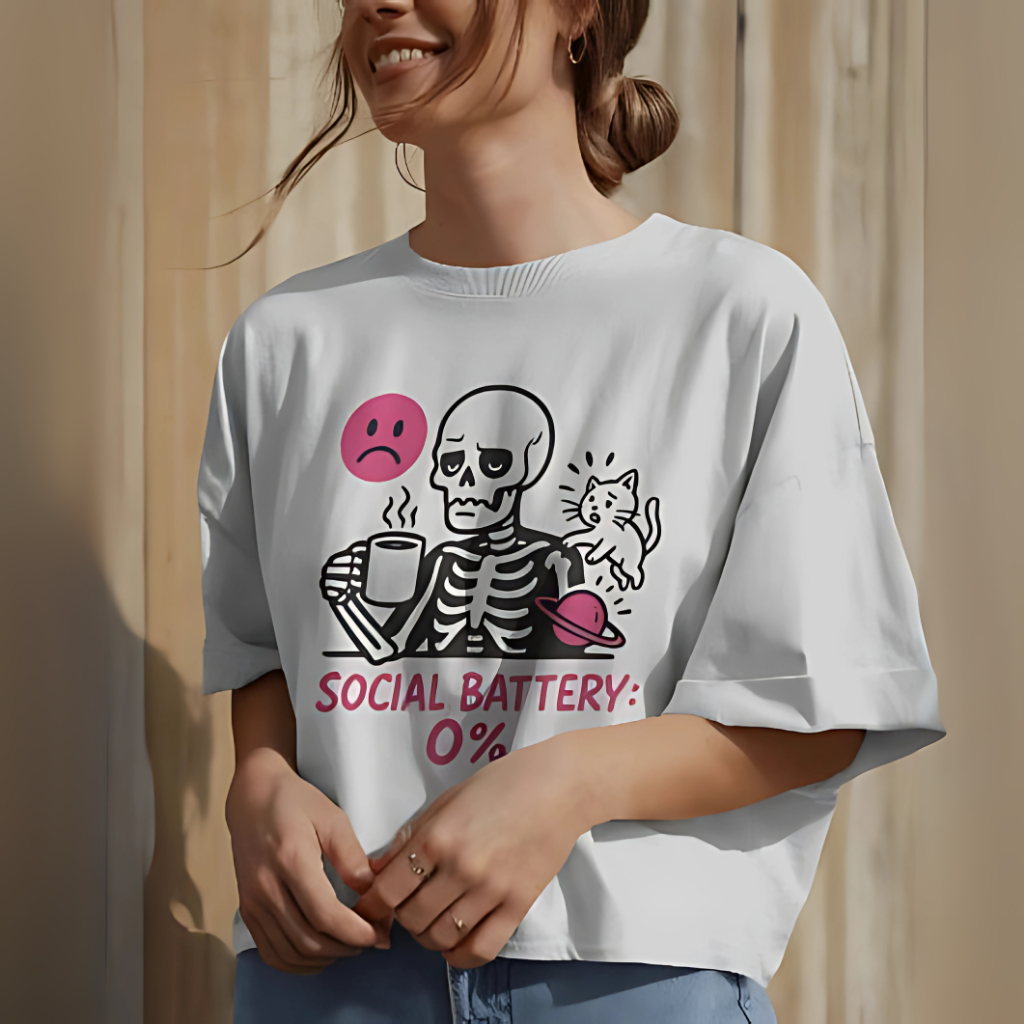 Funny skeleton oversized t-shirt with coffee cup – Social Battery 0% meme shirt for introverts and Gen Z girls
