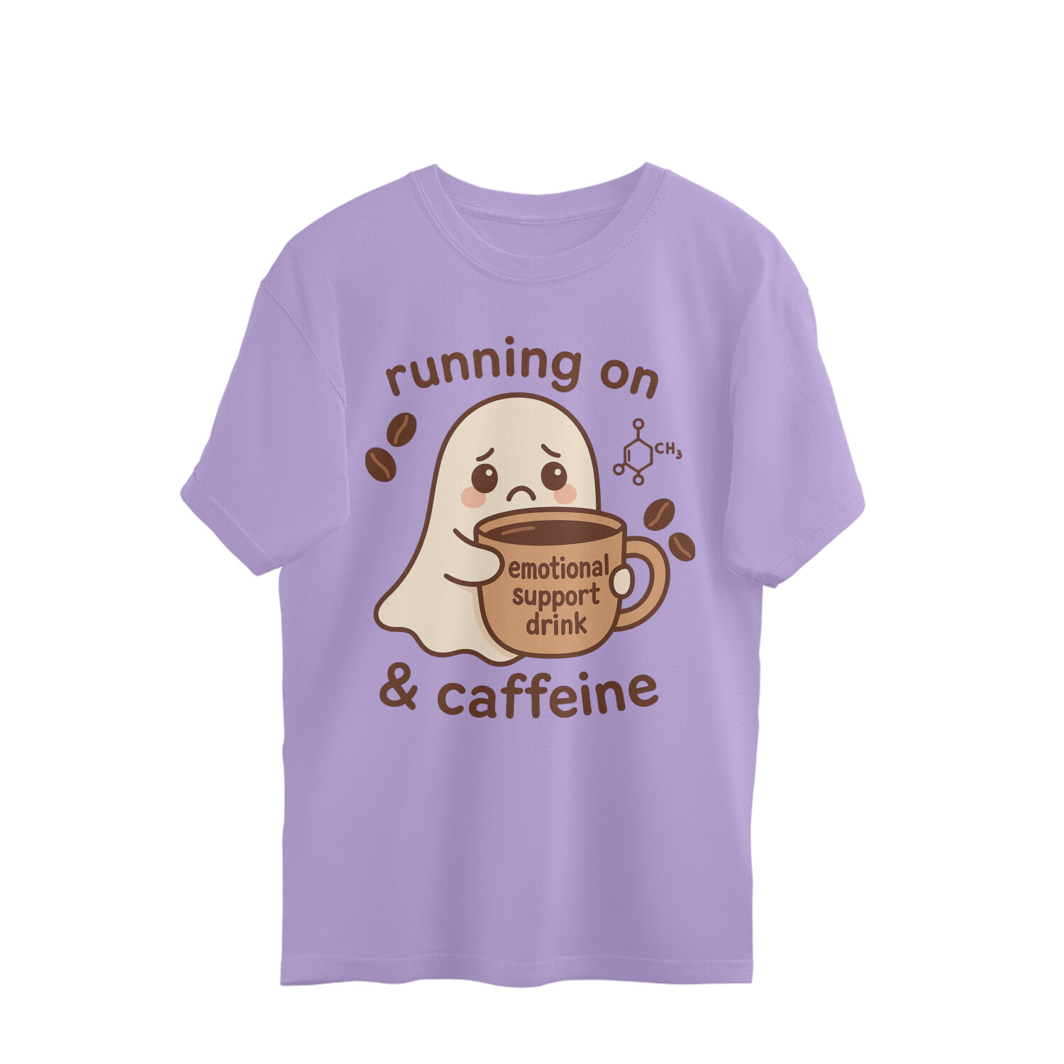 an oversized t-shirt with a cute ghost holding a coffee cup that says “emotional support drink.”