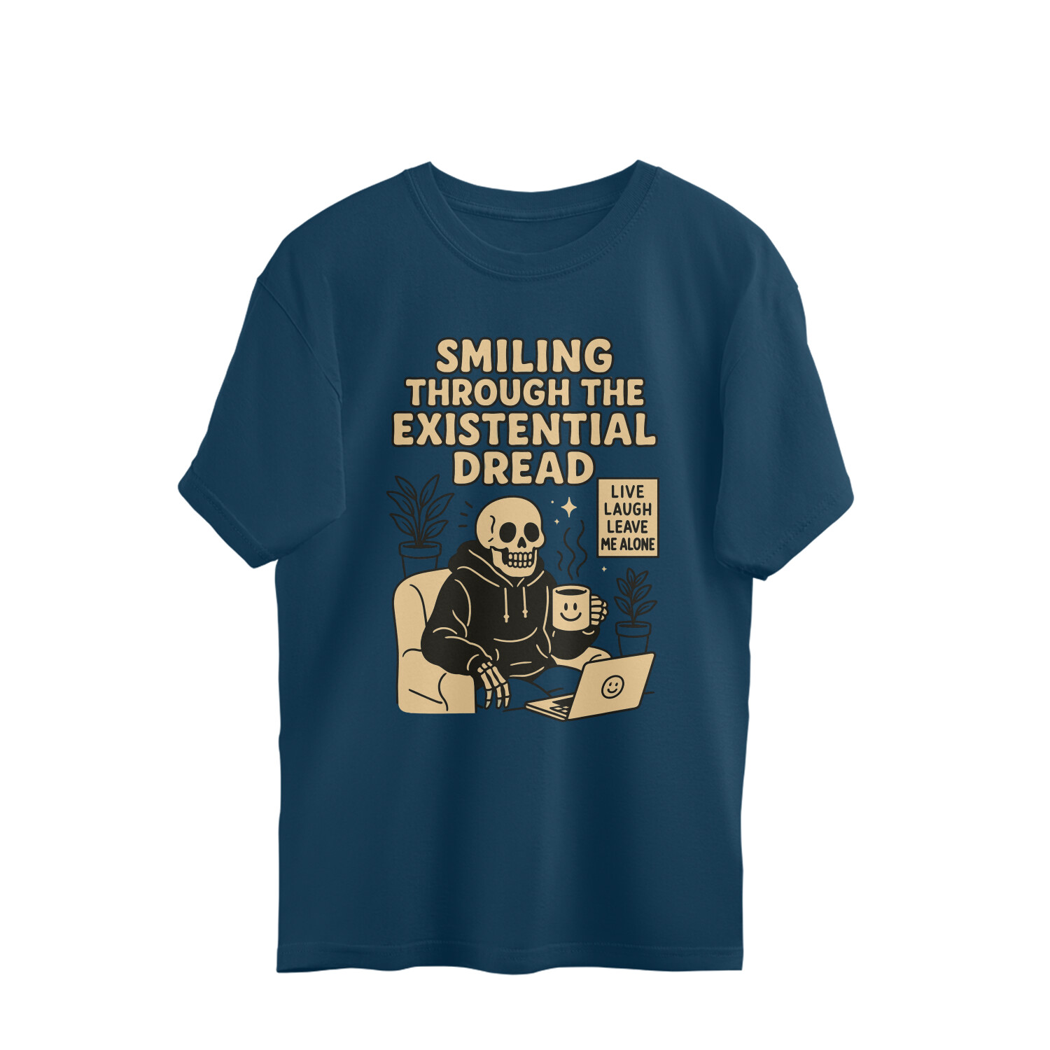Model wearing RealYou’s “Smiling Through the Existential Dread” oversized skeleton graphic t-shirt.