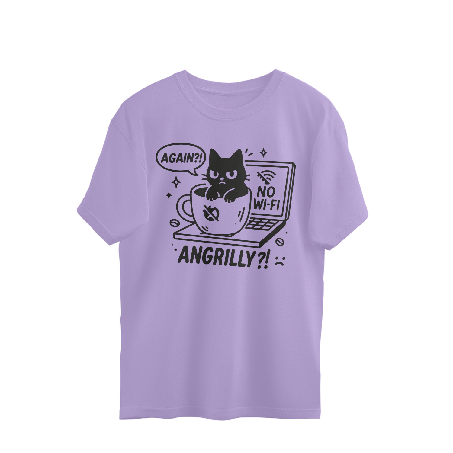 Funny angry cat t-shirt with no Wi-Fi graphic – oversized cartoon meme tee for women and Gen Z