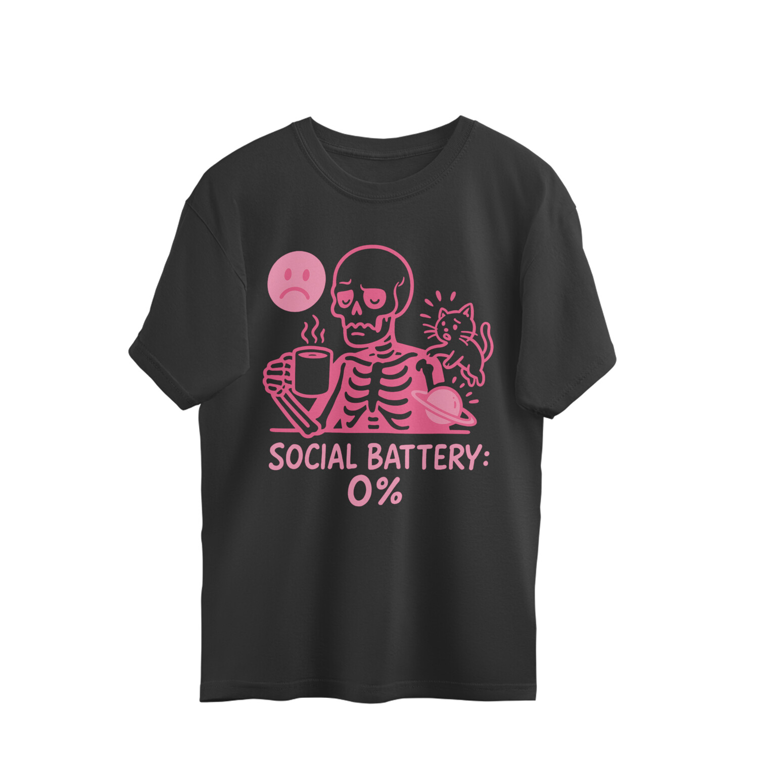 Funny skeleton oversized t-shirt with coffee cup and cat – Social Battery 0% meme shirt for introverts and Gen Z girls