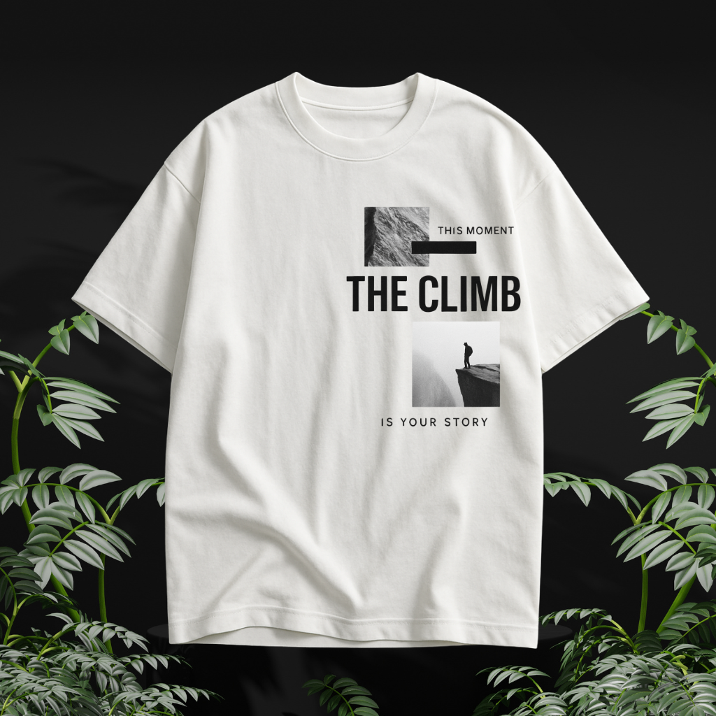 white oversized t-shirt with minimalist mountain and typography design on the front
