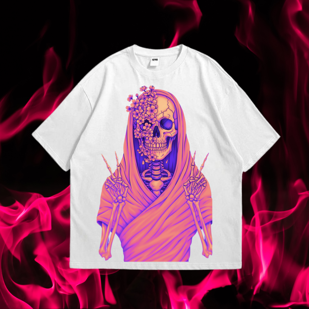 "oversized skeleton t-shirt featuring a detailed graphic print of a grim reaper skeleton with part of its skull adorned with purple and pink flowers, holding up peace signs. This is a black skeleton shirt suitable for adults."