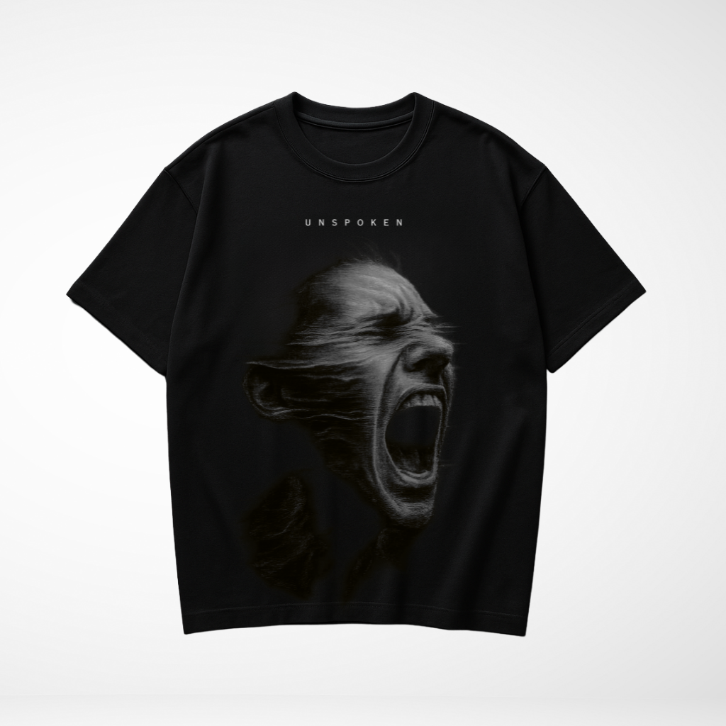 Black oversized t-shirt featuring a surreal screaming face graphic and the word "UNSPOKEN" above the design.