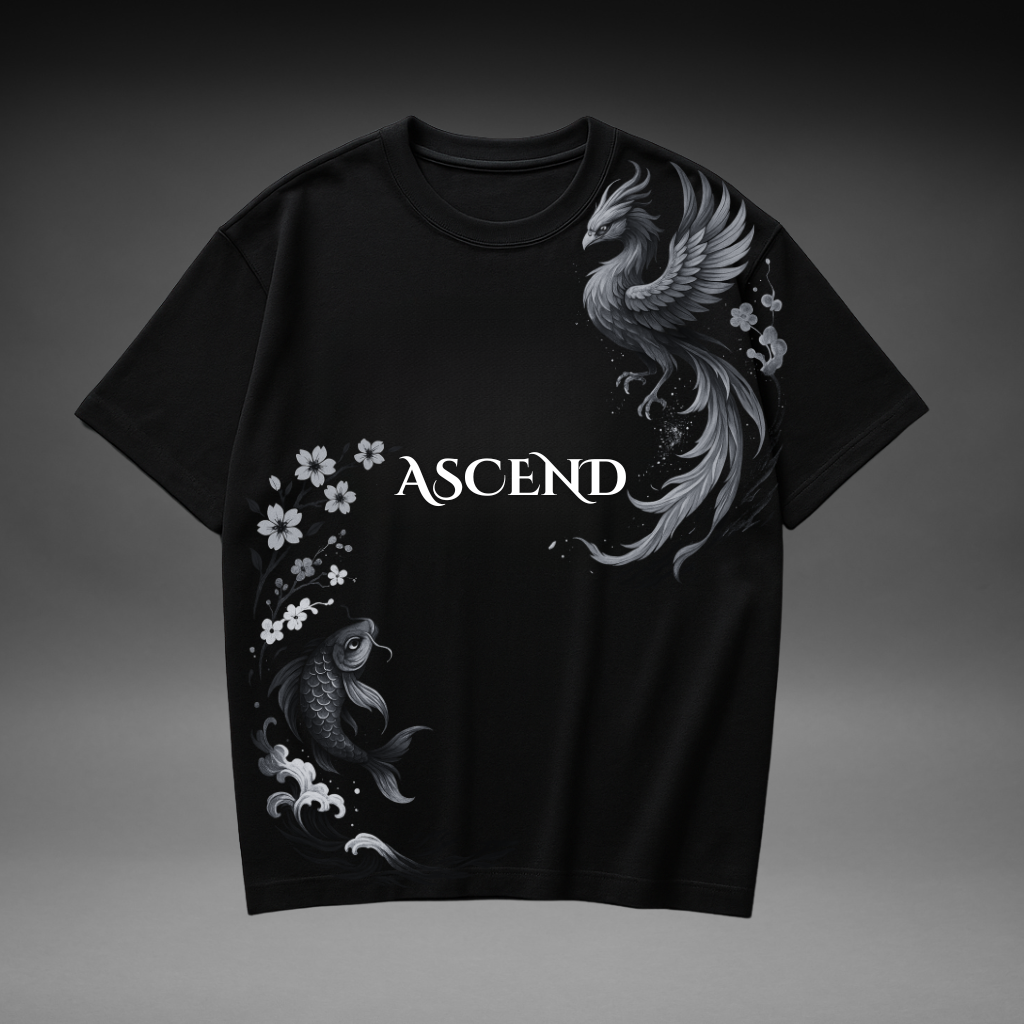 Black oversized t-shirt with Japanese-inspired koi fish and phoenix fantasy illustration