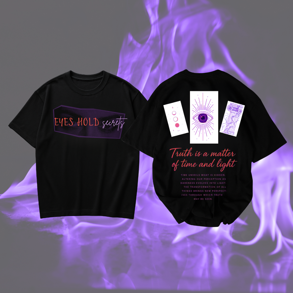 Black oversized t-shirt showing front text 'Eyes Hold Secrets' and back design with purple eye graphic, abstract shapes, and quote about truth.