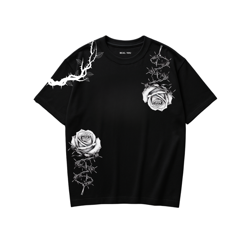 Black oversized t shirt featuring barbed wire and rose graphic design, relaxed fit tee with drop shoulder style, Gen Z streetwear aesthetic.